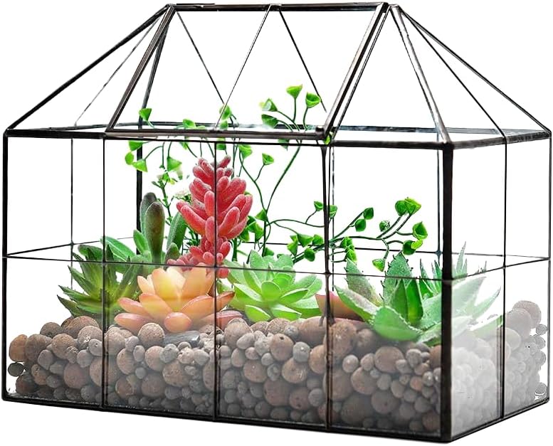 lesolar Terrario de vidrio, contenedor de vidrio para terrario de plantas, 8.7 x 5.3 x 7 pulgadas, terrario geométrico negro con tapa, caja de