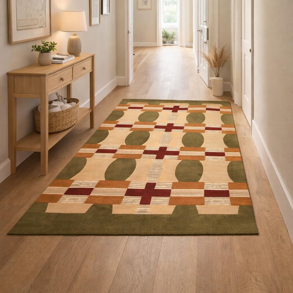 Multicolor Geometric Mosaic Wool Rug, Handmade Hand-Tufted Luxury Area Carpet for Living Room, Bedroom & Dining (7x10, 6x9, 8x10)