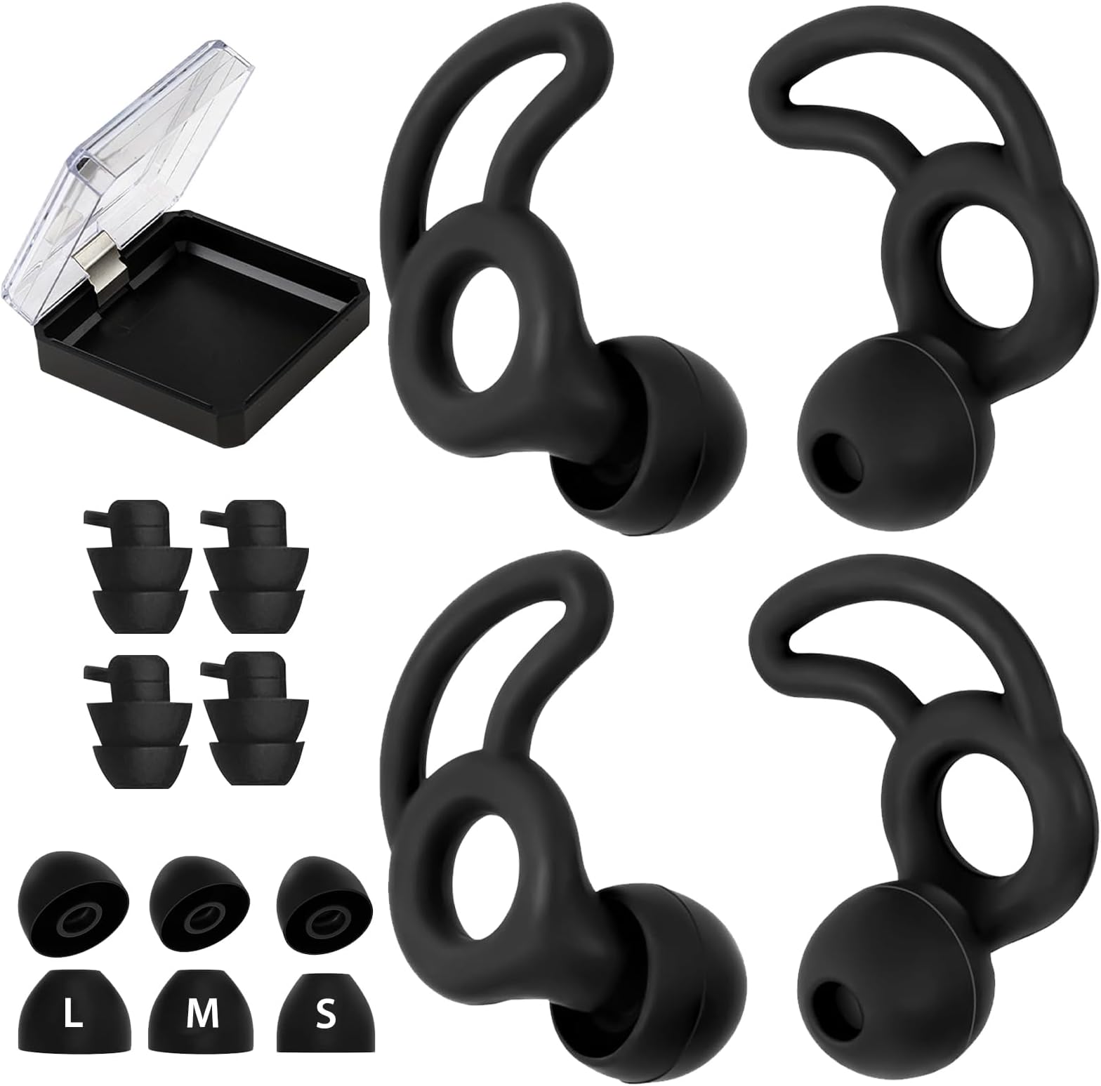 GROVL Ear Plugs for Sleep Noise Cancelling–Super Soft,Reusable,Washable Silicone Earplugs with Case,Hearing Protection for Sleeping,Swimming,Concerts,Flying–with 6 Ear Tips in S/M/L 30db-40db,Black