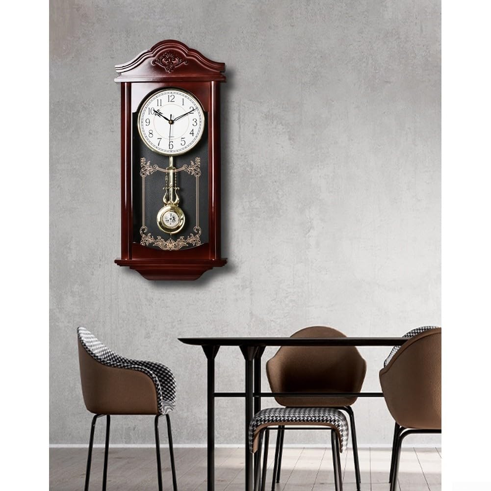 Style - Reloj de pared con péndulo, grande, rectangular, mecanismo silencioso, caja de plástico de caoba con espejo de cristal decorativo para sala de estar, dormitorio, estudio interior