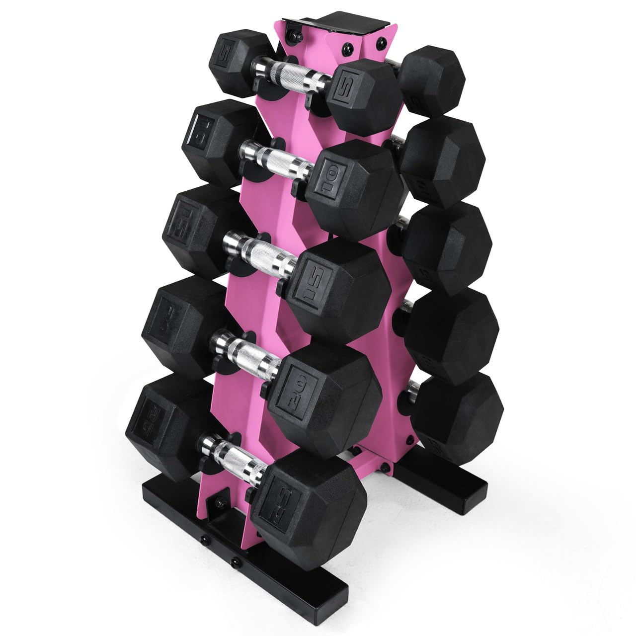 CAPHAUS 5-25 Lb Dumbbell Set with A Frame Storage Rack, Solid Hexagon Free Weights for Women & Men, Cast Iron, Rubber Coated & Color Rack Options Available (Rubber Coated Dummbell 150 LBs Set With Pink Rack)