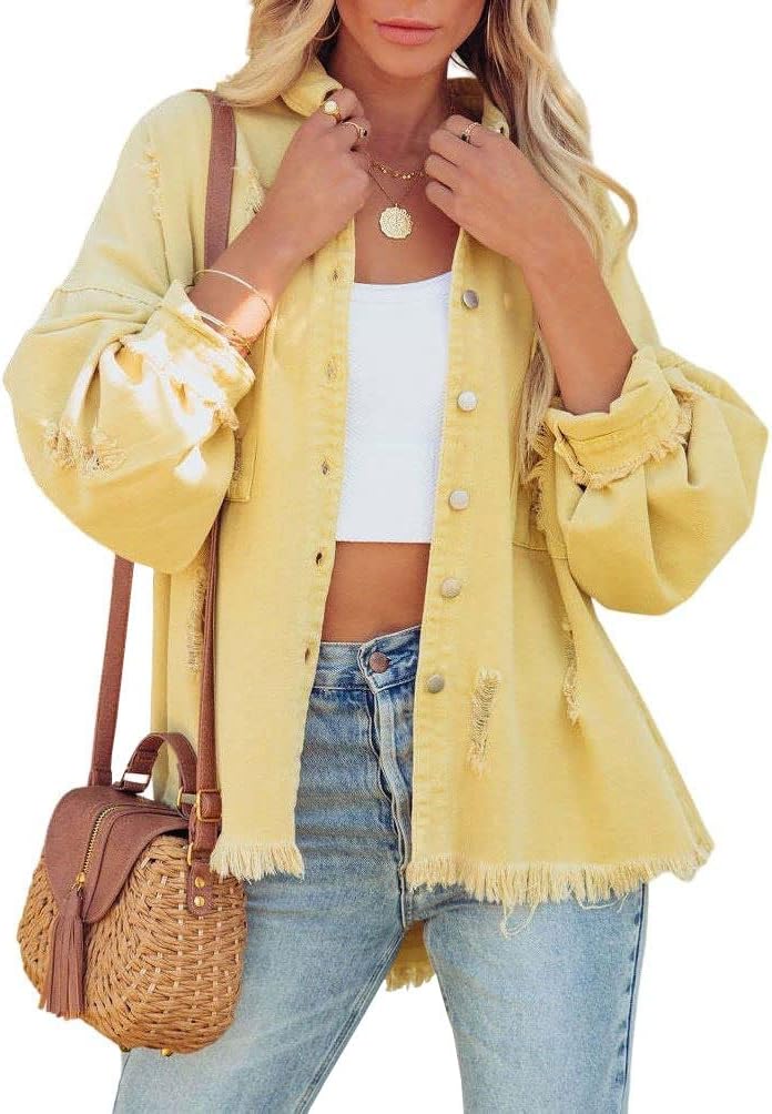 chouyatou Women's Boyfriend Ripped Holes Frayed Raw Hem Distressed Denim Jacket