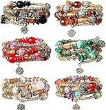 LOLIAS 6 Sets Bohemian Stackable Bead Armbänder Stretch-Armband Coil-Armband für Damen Mehrschichtiges Armband Armreifen Set Mode Perlen Schmuck