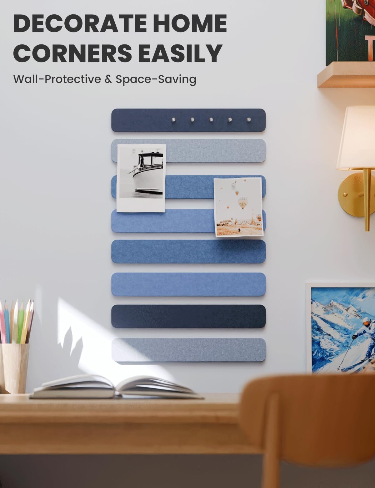 Pizarra de Felpa para Oficina 13x2 pulgadas, Juego de 8 Paneles de Felpa Adhesivos con 30 Chinchetas, Pizarra de Fotos/Memo/Anuncios para Escuela, Casa, Cocina - Denim Mist