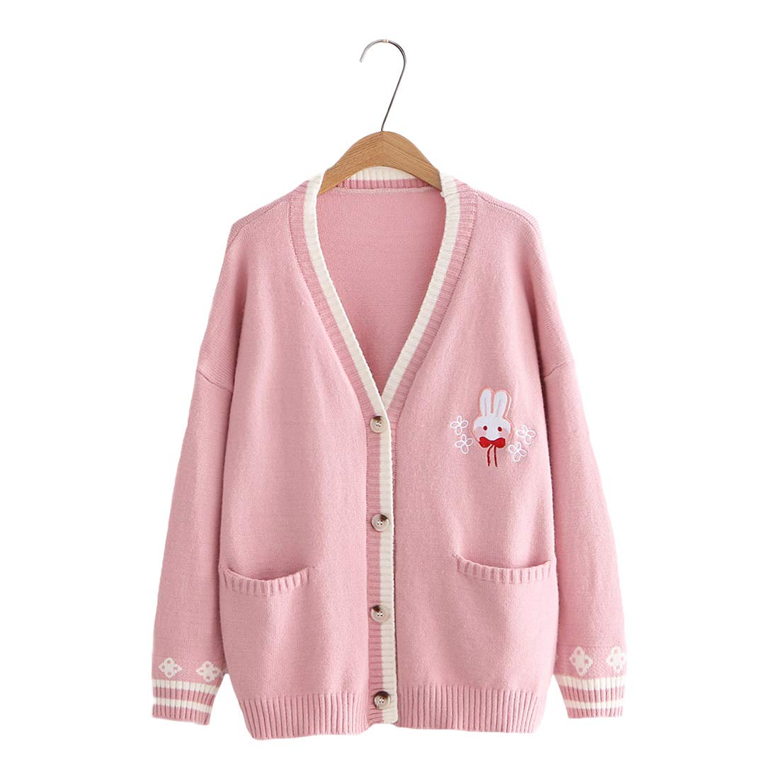 Himifashion Cute Knitted Cardigan Teen Girls Kawaii Bunny Embroidery Long Sleeve Sweater with Pockets V Neck Knitwear