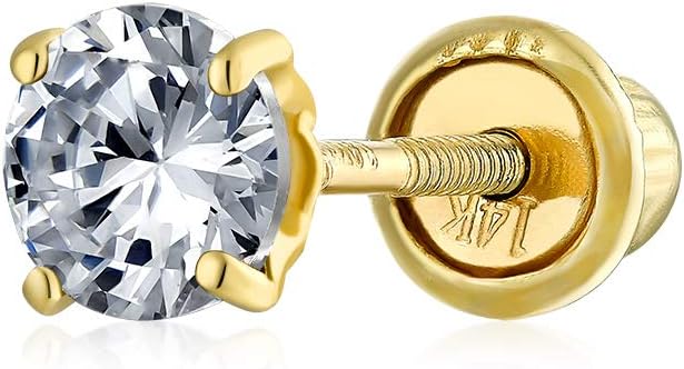 Traditional .25CTW Solid 14K Yellow Gold 3MM Tiny Minimalist Round AAA Cubic Zirconia Brilliant Cut Solitaire CZ Stud Earrings For Women & Cartilage 1 Piece Ear Lobe Earring