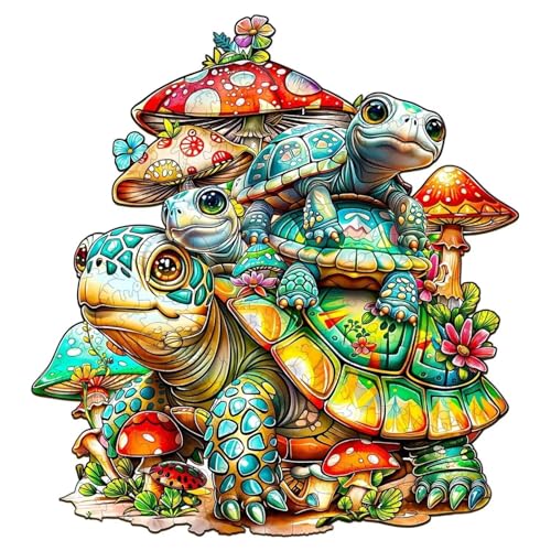 Jollitot Wooden Puzzles Adults, Turtle Family Puzzle 90 Pieces, Unique Animal Shaped Wood Challenging Jigsaw Puzzles Gifts for Adults, 8.5x7.9 in Christmas Decor