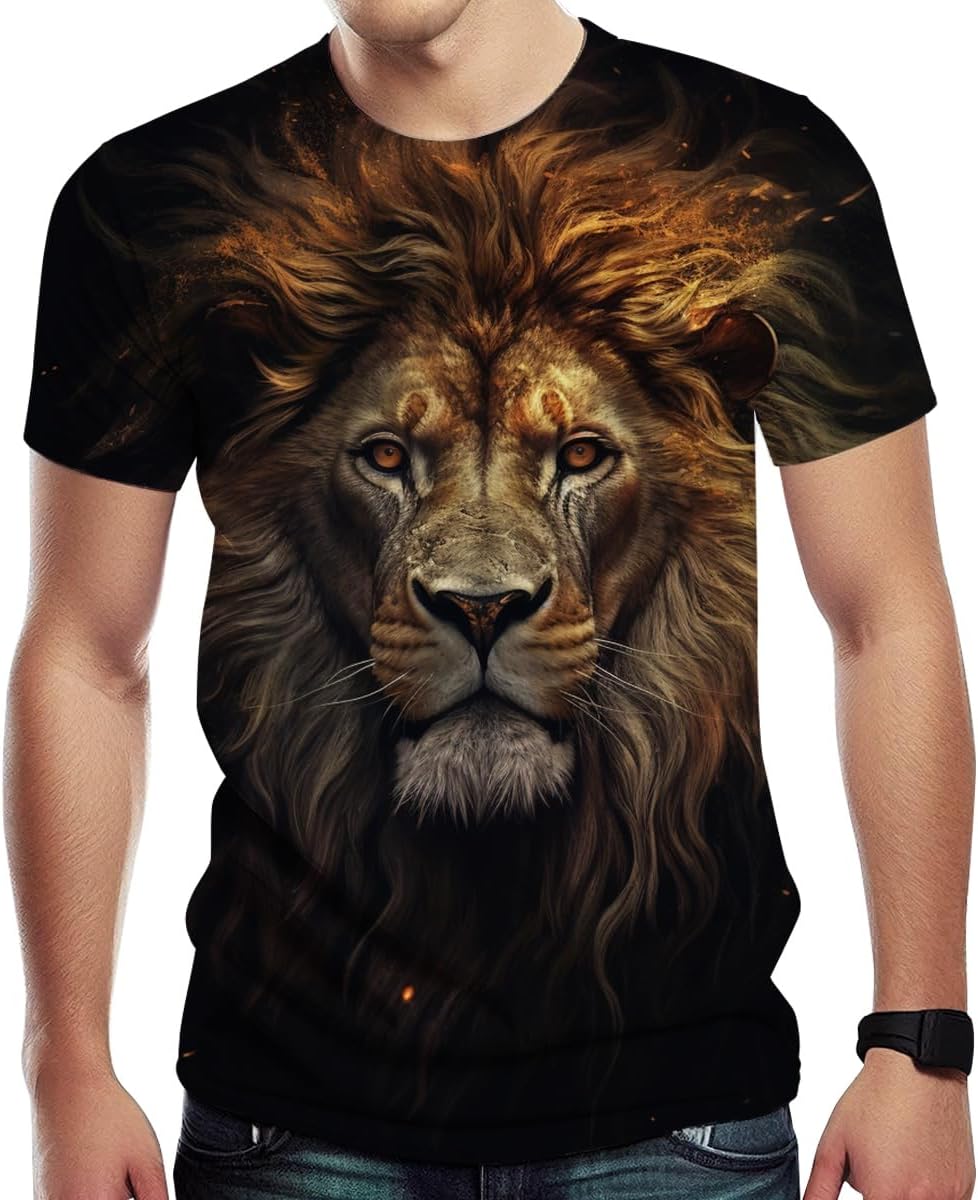 Lurhonp Men's Lion Print Crew Neck Short Sleeve T-Shirt