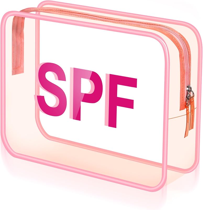 Necessaire transparente Shinylin rosa com zíper e estampa SPF, 24 x 18 x 9 cm