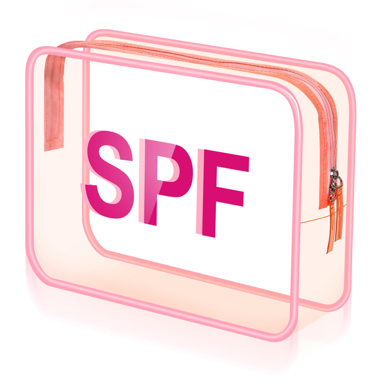 Clear Makeup Bag 9.4"x7"x3.5" Pink Travel Toiletry Bag Large Cosmetic Pouch PVC Waterproof Transparent Zippered Organizer for Women Girl Summer Beach(Spf)