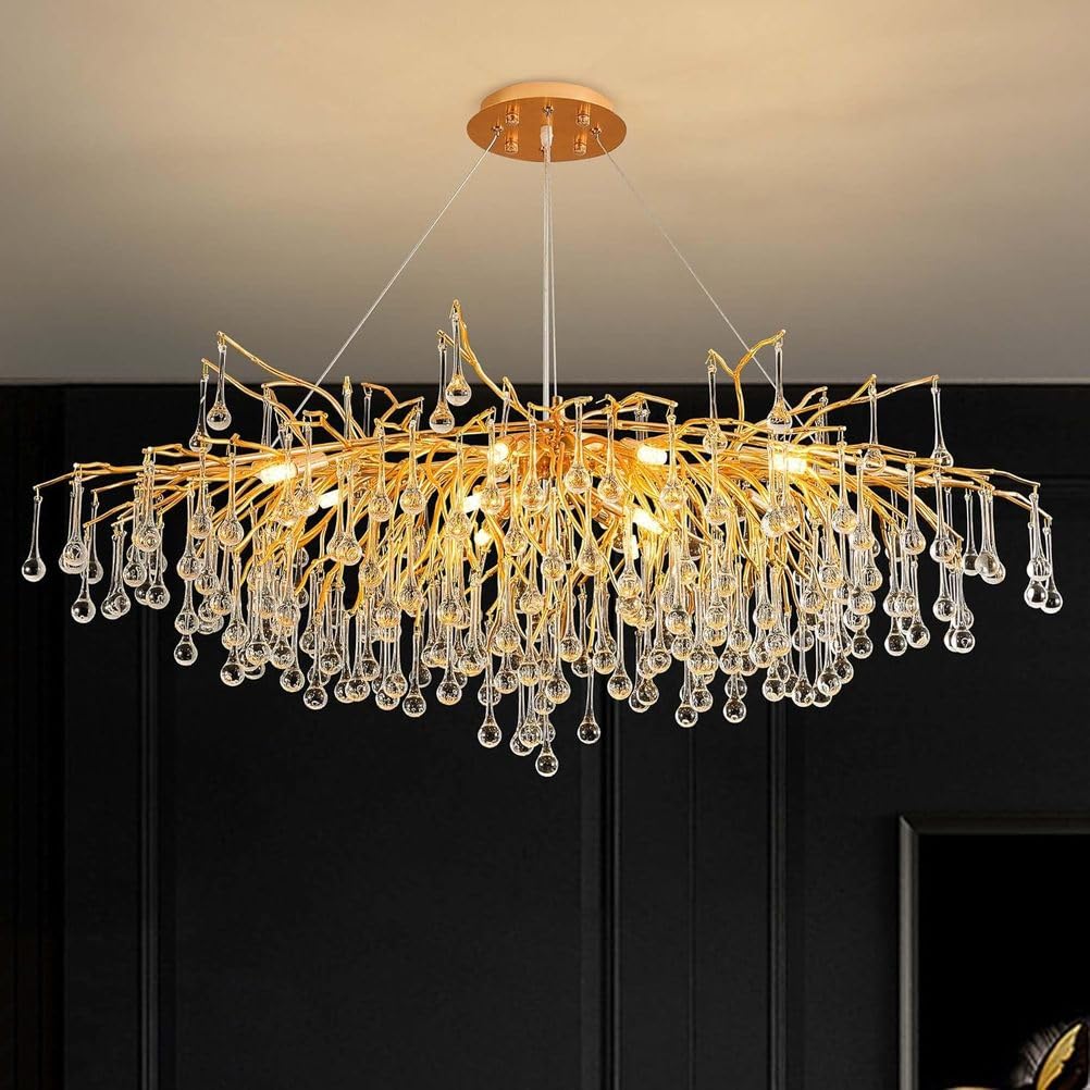 KXEcoLife Modern Crystal Raindrop Chandelier, Height Adjustable Linear Rectangle Art Deco Tree Branch Lighting Fixture for Living Room Kitchen Island Foyer Staircase,L100cm