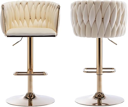 Kiztir Juego de 2 taburetes de bar giratorios de terciopelo, sillas de bar ajustables con respaldo y reposapiés tejidos, taburetes de bar dorados de