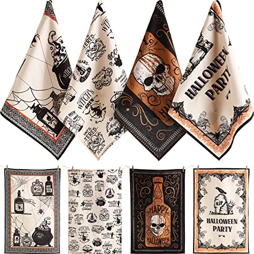 Halloween Dish Towels, Halloween Kitchen Bathroom Decor Cotton Dishtowel Set Halloween Kitchen Decorative Spooky Pattern for Halloween Party Restaurant Bedroom Decor, 16 x 24 Inches (4 Pieces)
