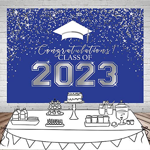 Mocsicka Class Of 2023 Backdrop Congratulations Blue And Silver Glitter Bokeh Dots Photography Background Vinyl 2023 Congrats Graduation Party Cake Table Decorations Photo Booth (Blue Silver, 7X5Ft) #TOP1