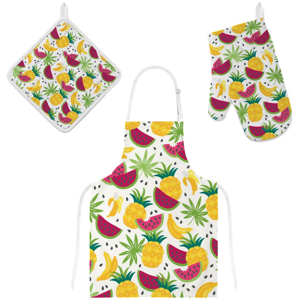 Tablier de cuisine idée cadeau 3 pièces motif ananas avec ses gants