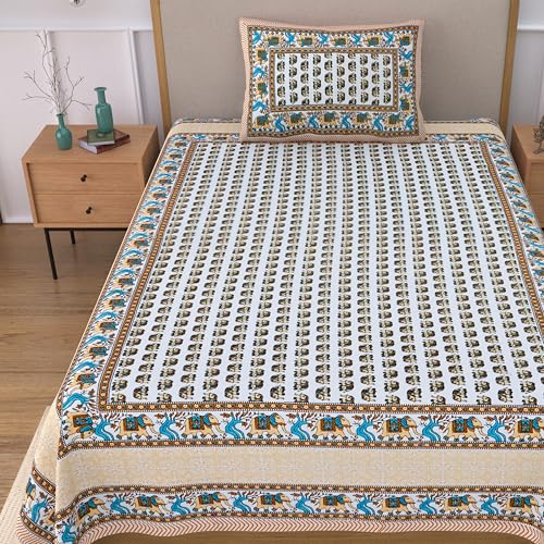 Image of 100% Cotton Single Bedsheet with 1 Pillow Cover | 240 TC Pure Cotton Flat Bed Sheet | Traditional Jaipuri Printed Bedding Set | Soft & Breathable | 60 x 90 Inch (Rangmahal Single 35)