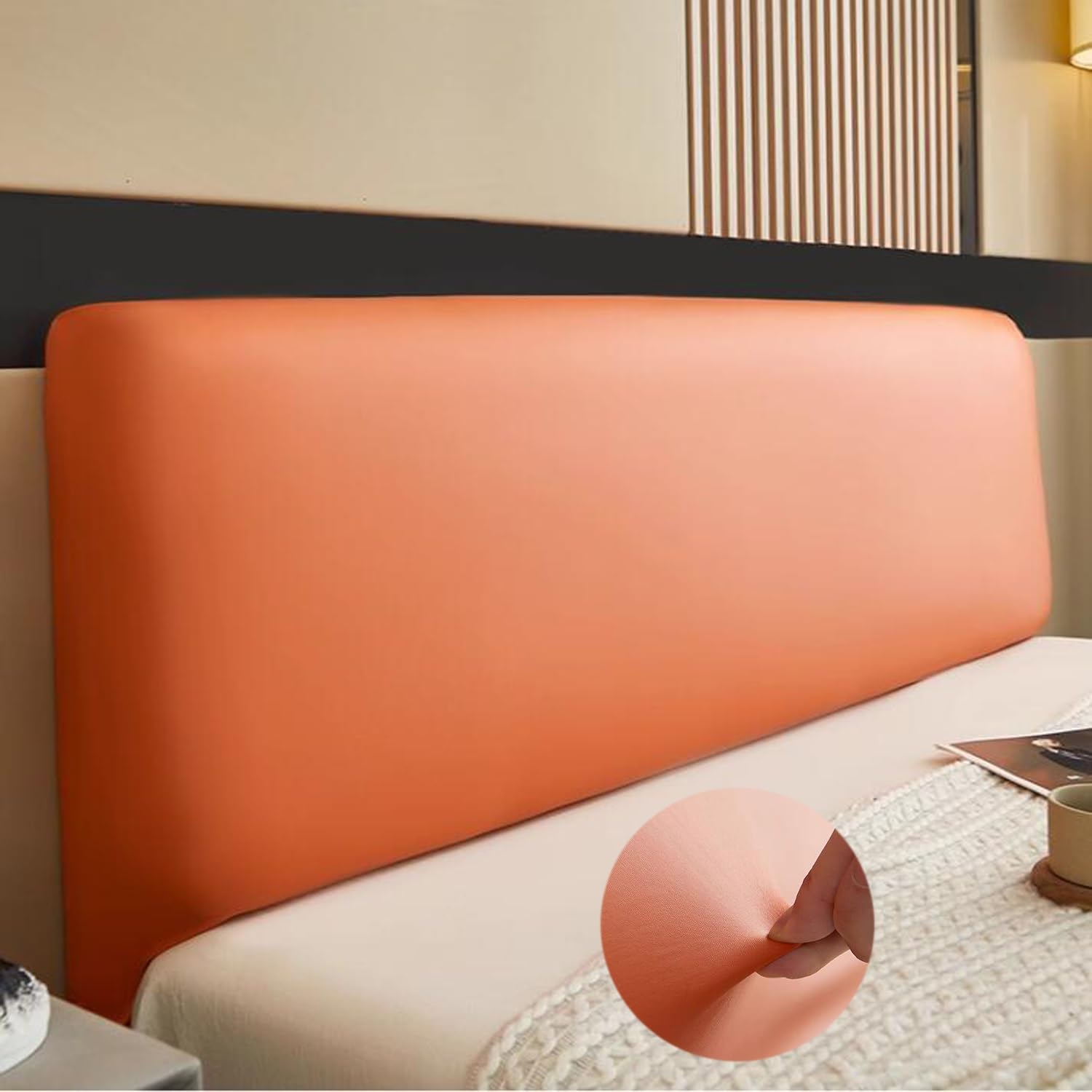 Housse de tête de lit élastique en simili cuir noir - Protection extensible pour chambre à coucher - Convient pour tête de lit de 210 à 230 cm - Couleur orange élégante disponible