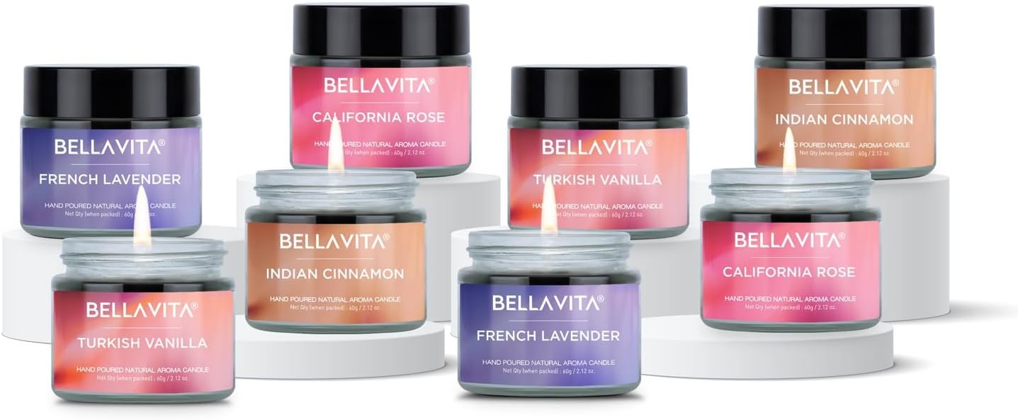 Bella Vita Organic Aroma Candles for Home Decor 4 X 60g Each, (Pack of 2) - Vanilla, Cinnamon, Lavender & Rose, Upto 15 Hours, Best Gift for Bedroom Home Decoration