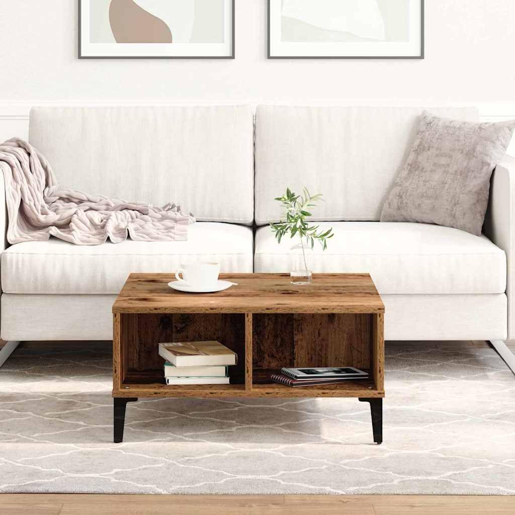 Mesa de centro de madera envejecida 60 x 60 x 30 cm, cuadrada, con 2 estantes, resistente de madera, para salón, mobiliario moderno, versátil