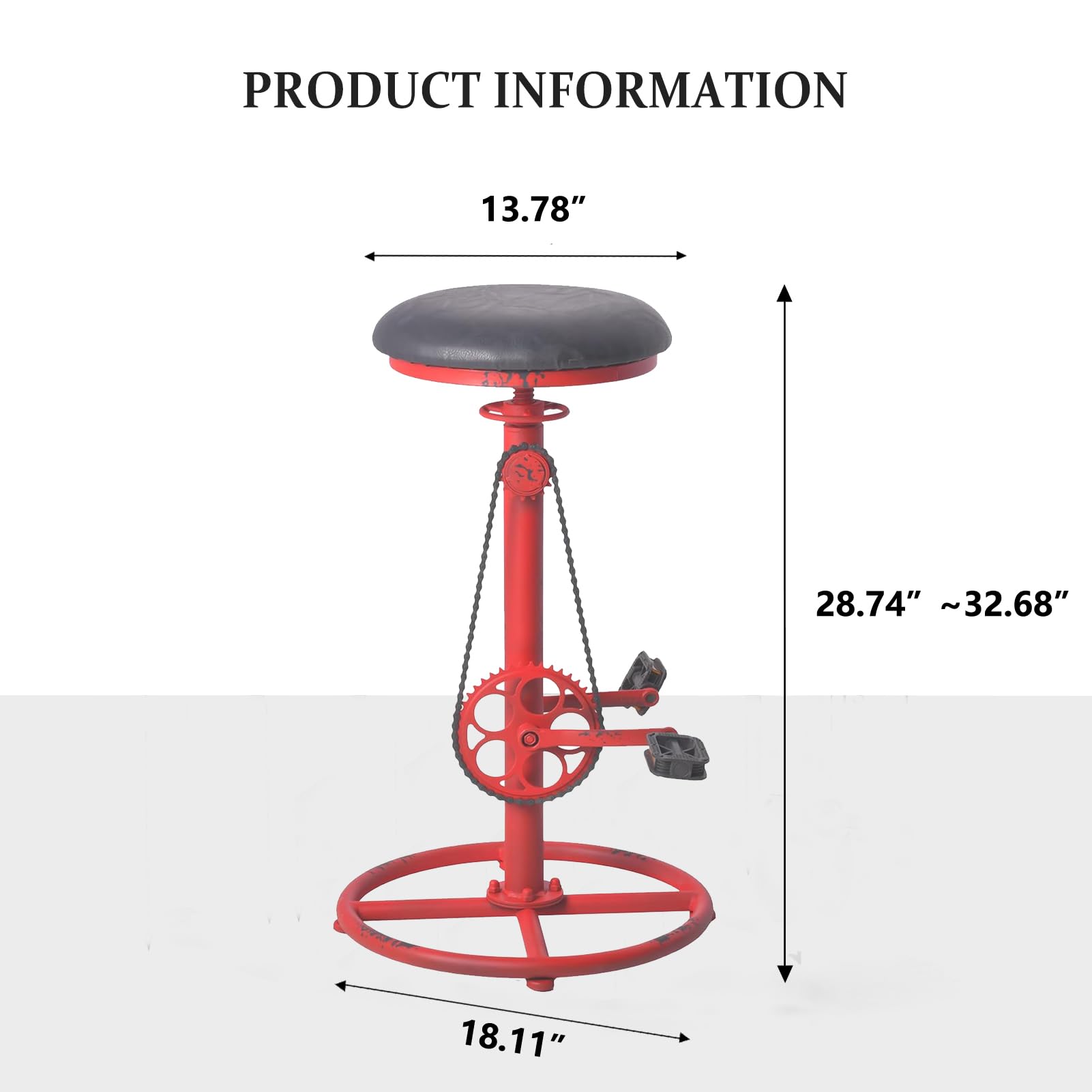 Taburete de bar vintage para bricolaje, cadena de bicicleta, pedal de hierro, retro, industrial, altura ajustable, diseño de rueda de bicicleta, juego de 2 sillas de barra color rojo antiguo 3