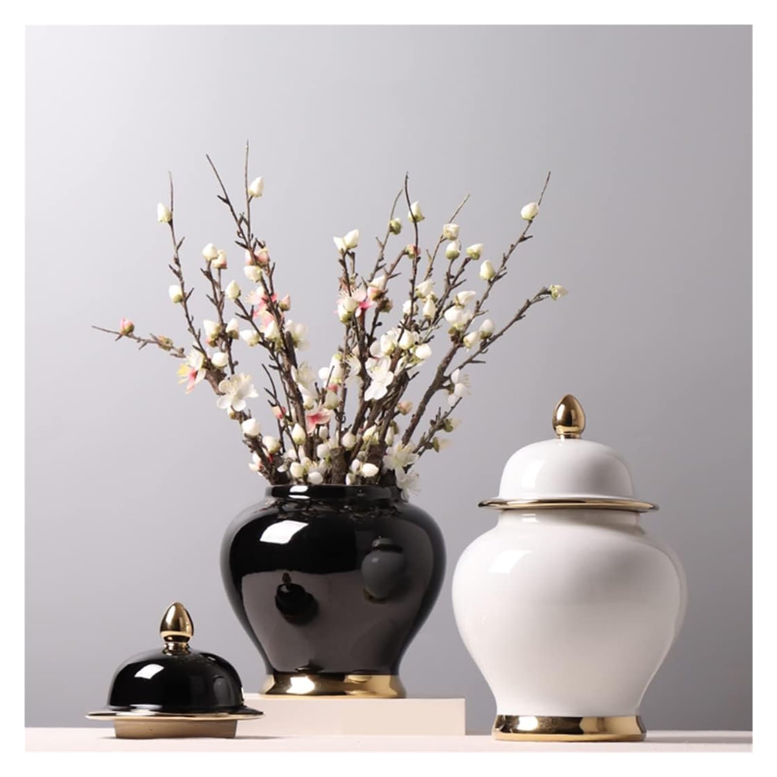 Wazon ceramiczny, słoik na imbir z pokrywką, tradycyjny chiński dekoracyjny słoik porcelanowy, słoik świątynny z pokrywkami, błyszczące wazony na kwiaty, dekoracja, półka na książki (czarny) (bia
