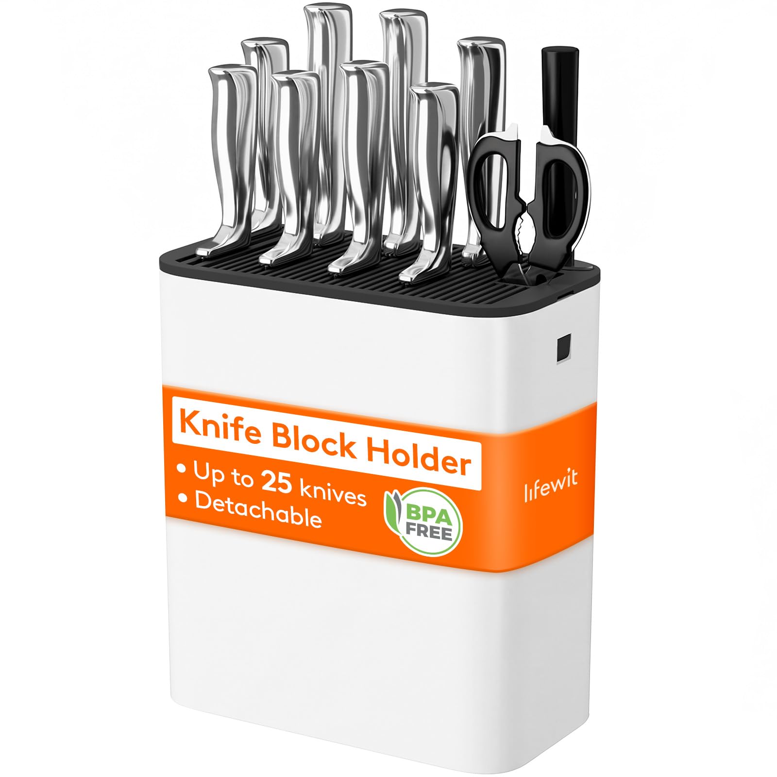 Lifewit Knife Holder Without Knives, Plastic Universal Knife Organiser, Space Saver Kitchen Storage Organizer with Detachable Scissors and Sharpening Rods Slots, Hold Up to 25 Knives,White