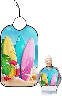 Kewadony Adult Bibs for Elderly Women - Summer Shining Surfboard Waterproof Dining Clothing Protectors with Crumb Catcher for Eating/Feeding, Beach Vacation Terry Cloth Bib Machine Washable