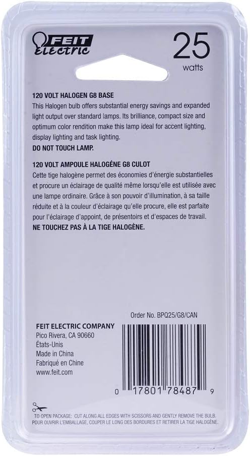 Feit Electric BPQ25/G8/CAN/6 25W Dimmable G8 Halogen Light Bulb, 6-Pack, 3000k Warm White (1.8"" h)