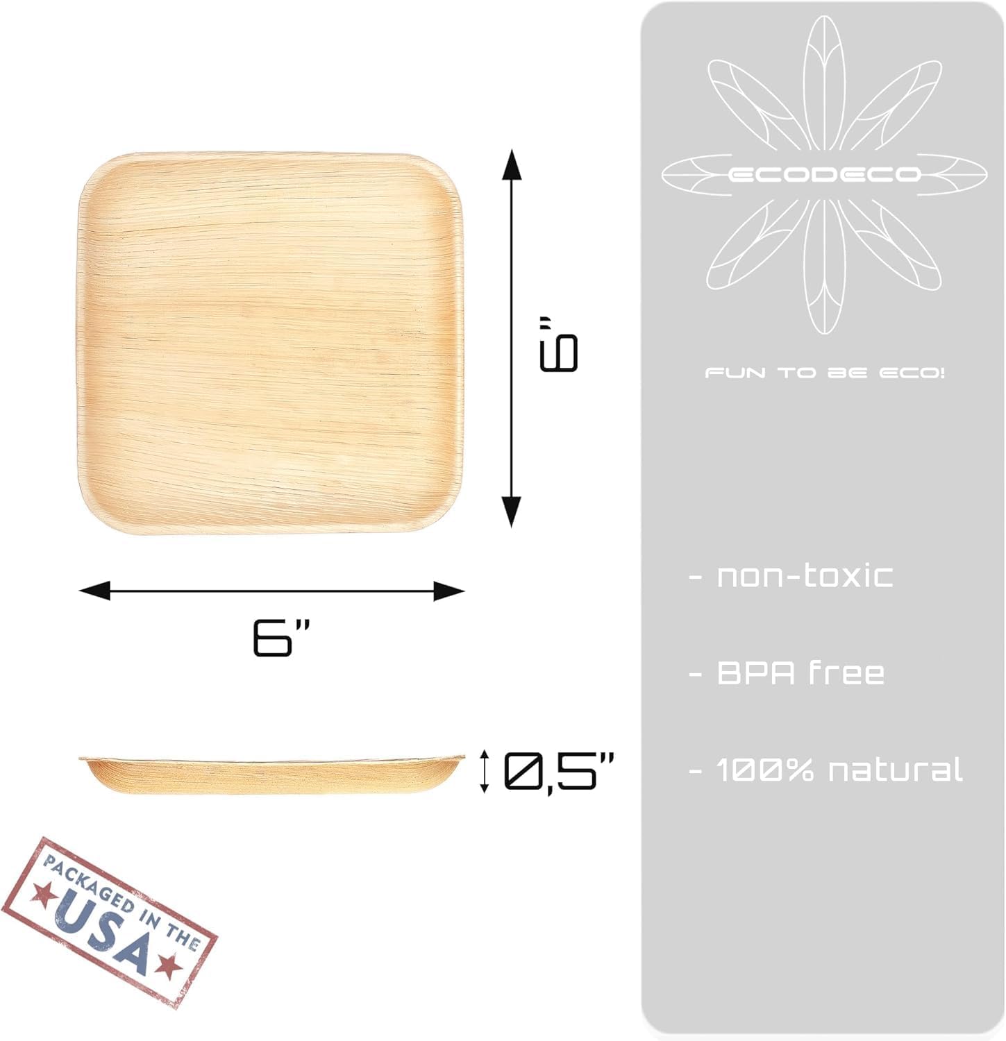 ECODECO Palm Leaf Plates - 100 Pack 6-Inch Square Disposable Durable Dinnerware for Weddings, Catering & Events - Like Bamboo Natural Leaf Look