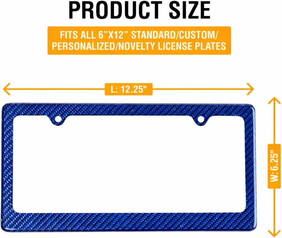 Car 100% Real 3k Twill Weave Blue Carbon Fiber License Plate Frame Cover, Glossy UV Protection, Front/Rear Fit for USA/Canada/Mexico Standard Size 6.25"" x 12.25"" Auto tag Holder (Blue)
