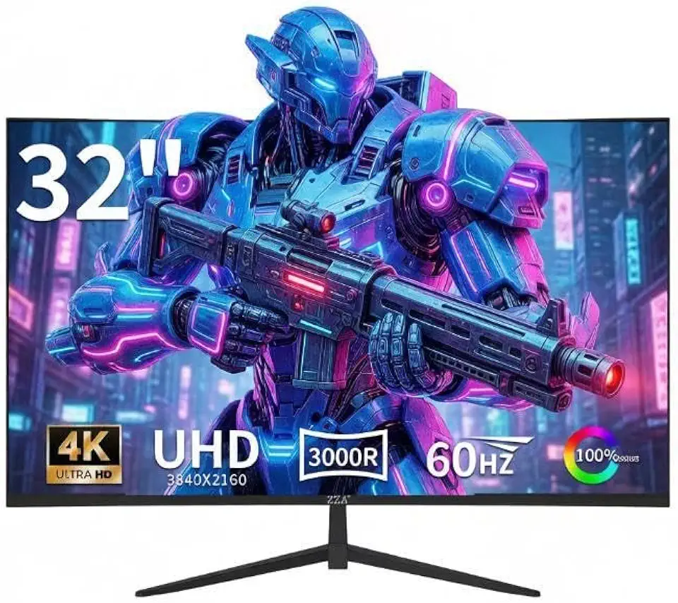 ZZA Monitor curvo UHD 4K de 32 polegadas (3840 x 2160), VA, taxa de atualização de 60 Hz, 100% sRGB, sincronização adaptável, ângulo de visão de 178°, HDMI/DisplayPort, compatível com montagem VESA