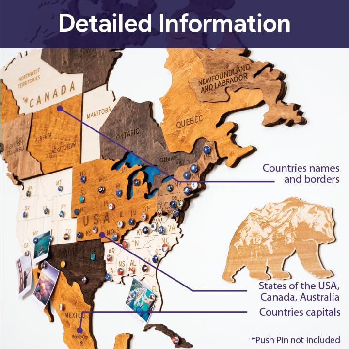 Miniatura 5 de HYPERI Decoración de pared de mapa del mundo de madera 3D multicapa, decoración de pared de arte de madera, mapa mundi para pared, mapas del mundo y