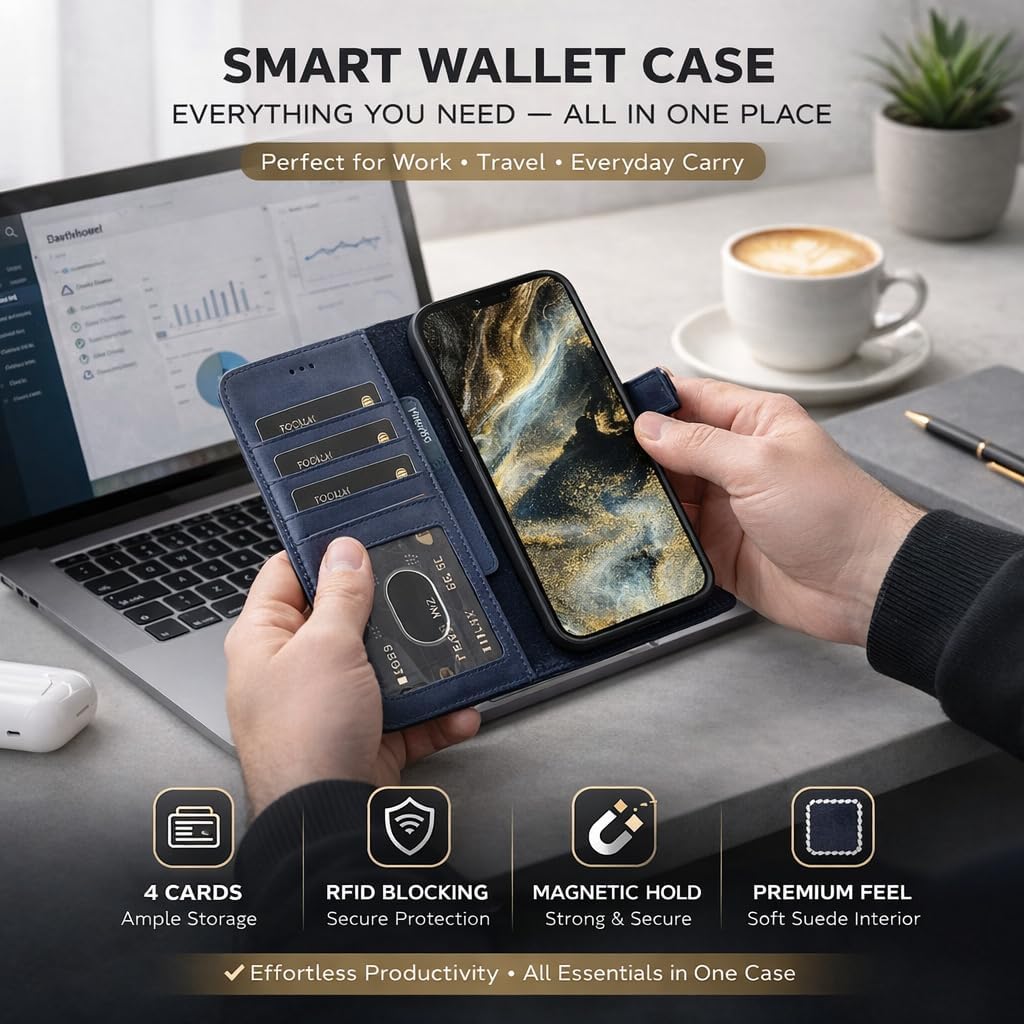 Vegas Wallet Phone Case Compatible with iPhone 15 6.1in – Elegant Full-Grain Leather Phone Case Wallet – Card Holder Wallet RFID Blocking with Kickstand, Card Slots (Dark Blue)