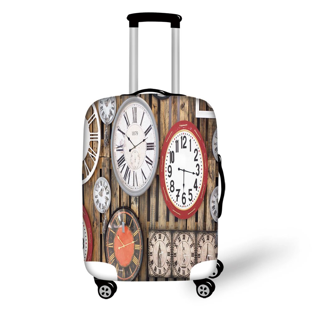 Travel Luggage Cover Suitcase Protector,Clock Decor,Antique Clocks on the Wall Instruments of Time Vintage Decorative Pattern,Brown and Red，for Travel
