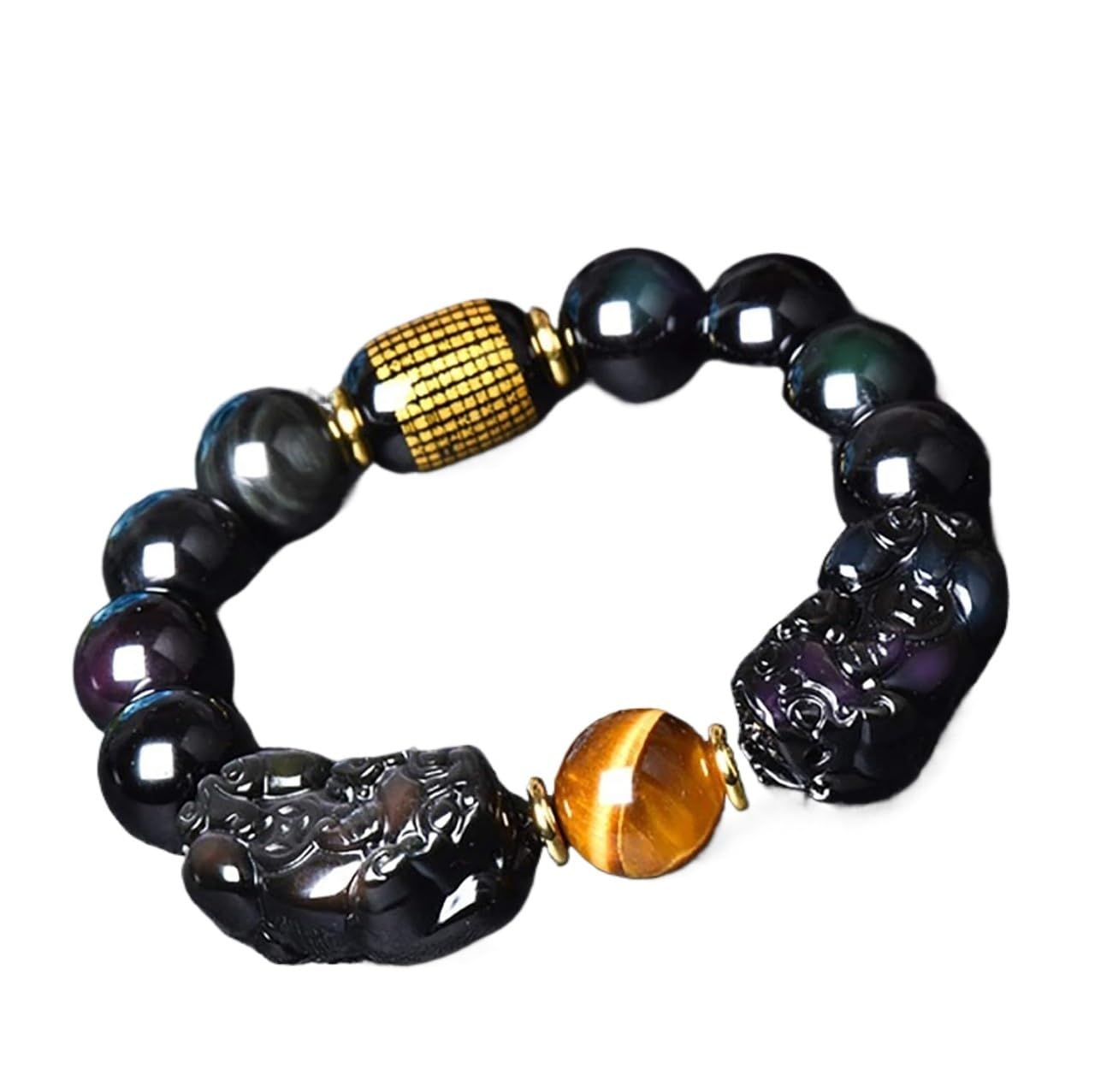 YNIYUJKL Beaded Bracelets Feng Shui Double/Bracelet Attracts Wealth And Prosperity, Rainbow Obsidian, Heart Sutra,Rainbow-14 mm
