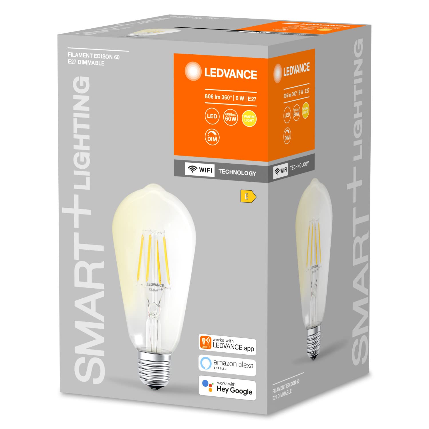 LEDVANCE Lámpara LED inteligente con tecnología WiFi, enchufe E27, regulable, blanco cálido (2700 K), reemplaza las lámparas incandescentes por 60W, filamento SMART+ WiFi Edison Regulable,paquete de 4