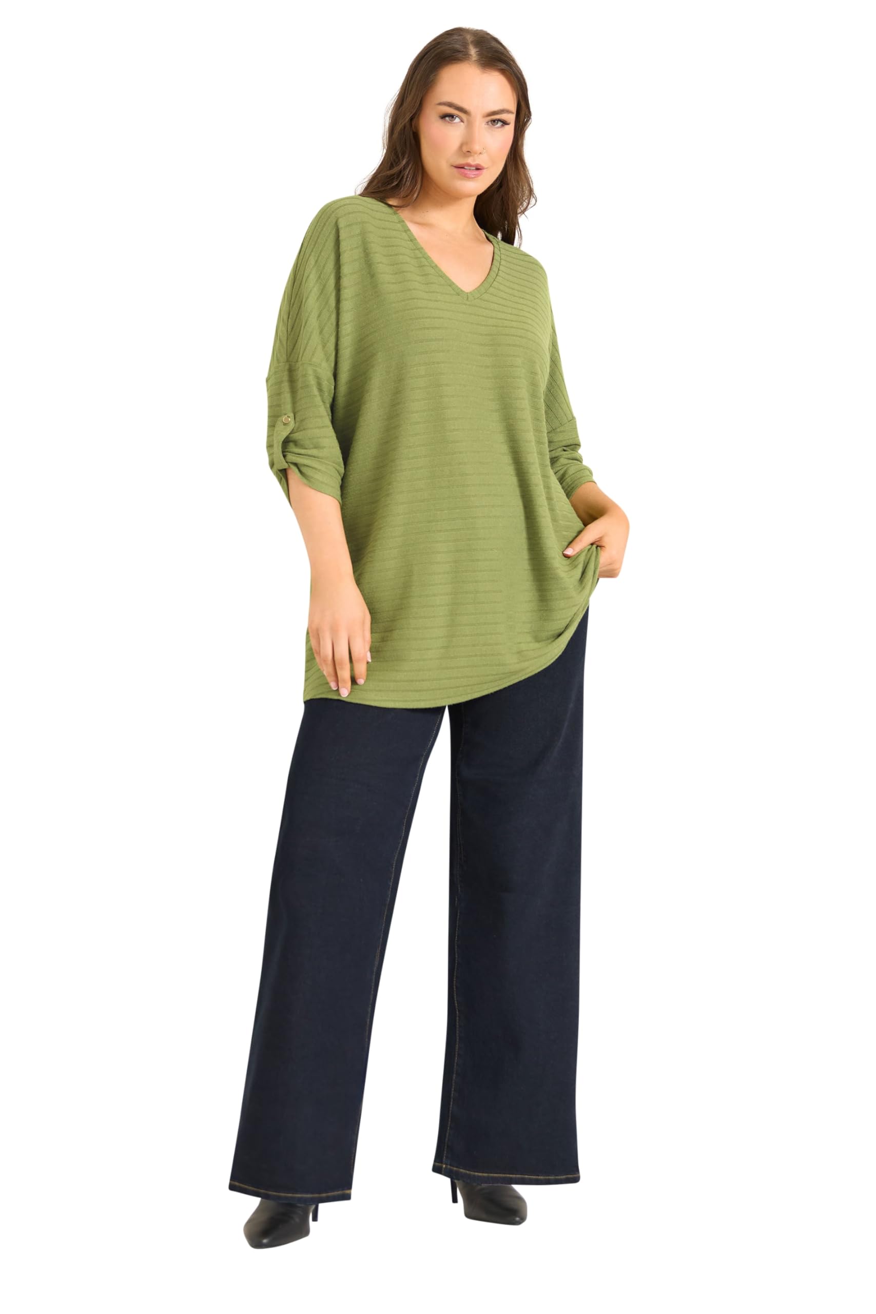 Evans Women's Green Curve Tab Sleeve Ribbed Jumper - Plus Size Curve