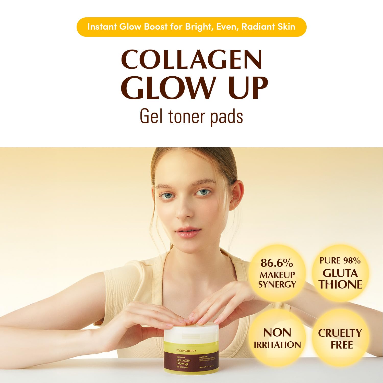 EQUALBERRY Collagen Glow Up Gel Toner Pads, 60 Pads, 140ml, Hydrating and Brightening Korean Skincare, Yellow, 60 count (Pack of 1) - Image 2
