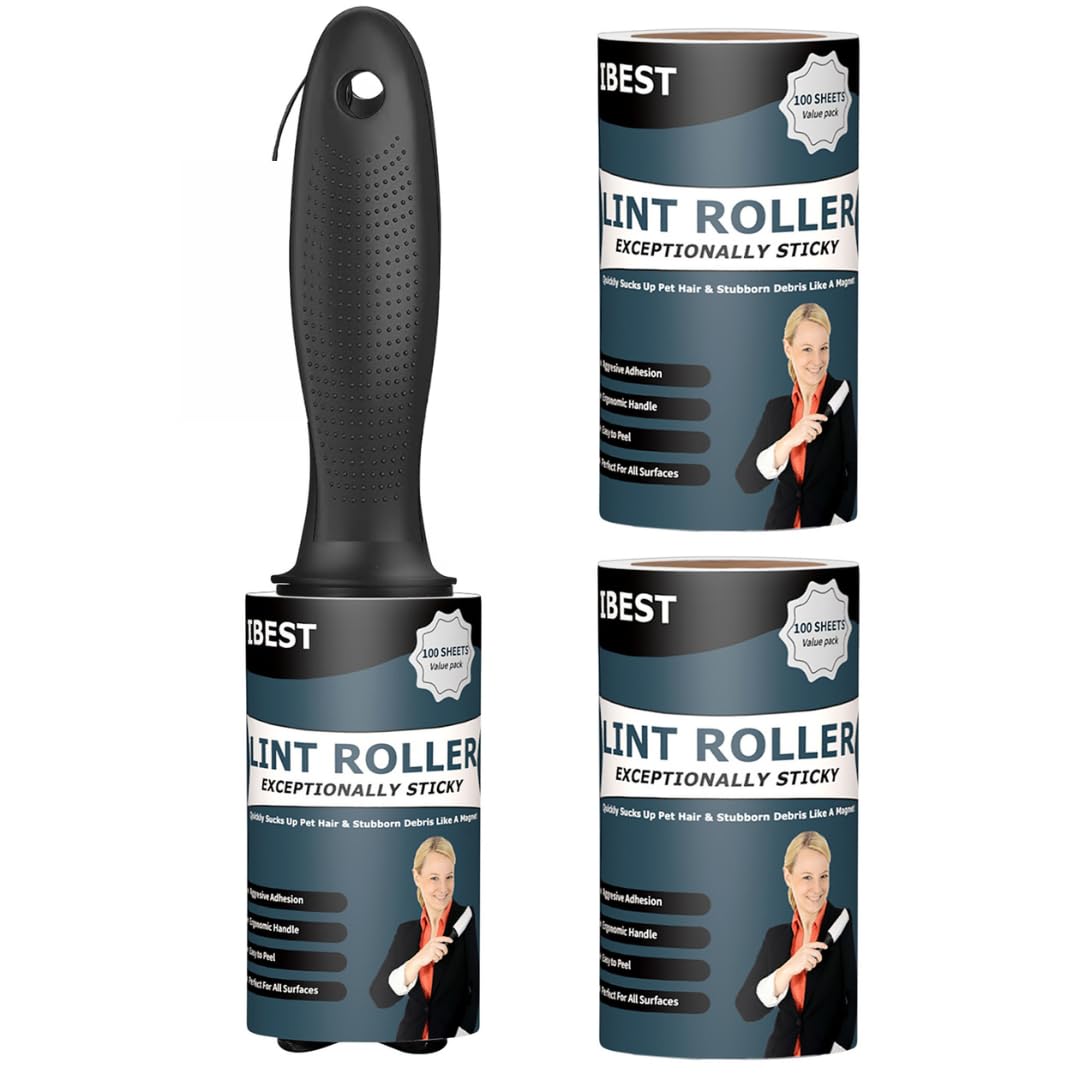 International Brands Excess Stock Trading U.k. I Best U.k Black Ibest Uk Lint Rollers For Pet Hair, Clothes, Carpet | Sticky Flint Fluff Dust Lint Remover | Pack Of 3 Reusable Refills (100 Sheets)
