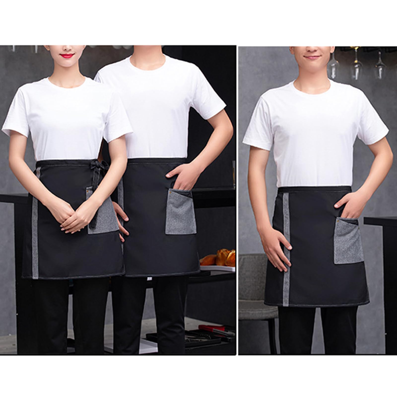 2 Piezas Delantales De Cintura, Delantal Corto Impermeable, Medio Delantal Camarero, Delantale De Cocina con Bolsillos para Restaurante, Casa, Bar Black,One Size