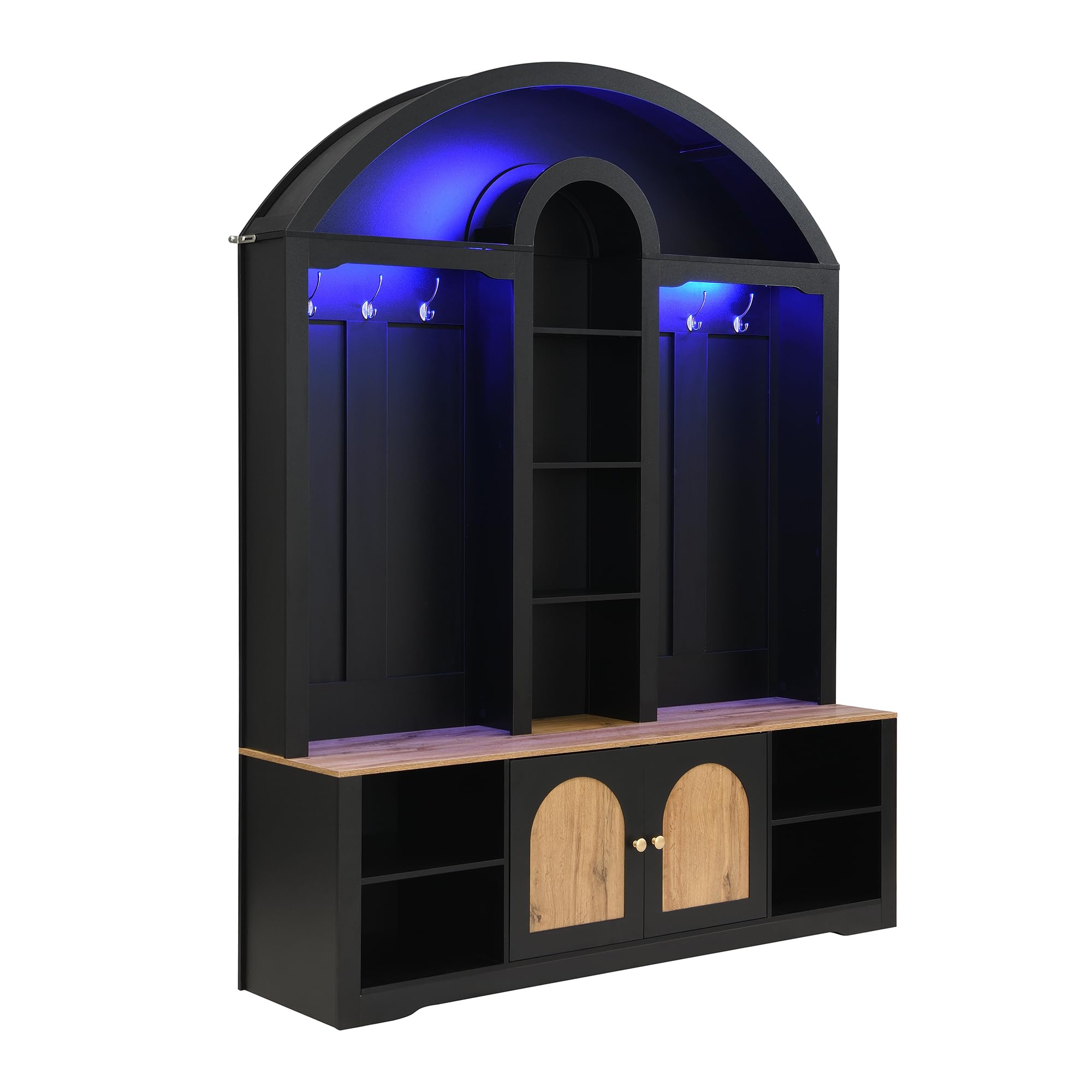 Garderobenset Hoch 195 cm mit LED Licht und Sitzbank, Garderobenschrank Flurgarderoben Set mit Haken und Schuhschrank, Schwarz