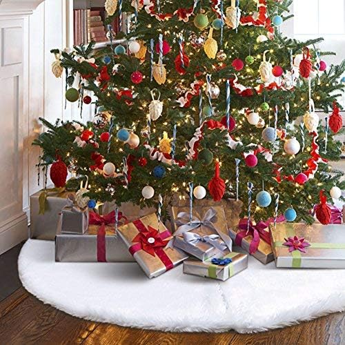 48 Inches White Faux Fur Christmas Tree Skirt Luxury Snowy Soft Xmas Tree Skirts for Christmas Decorations Xmas Holiday Decor New Year Party Supplies