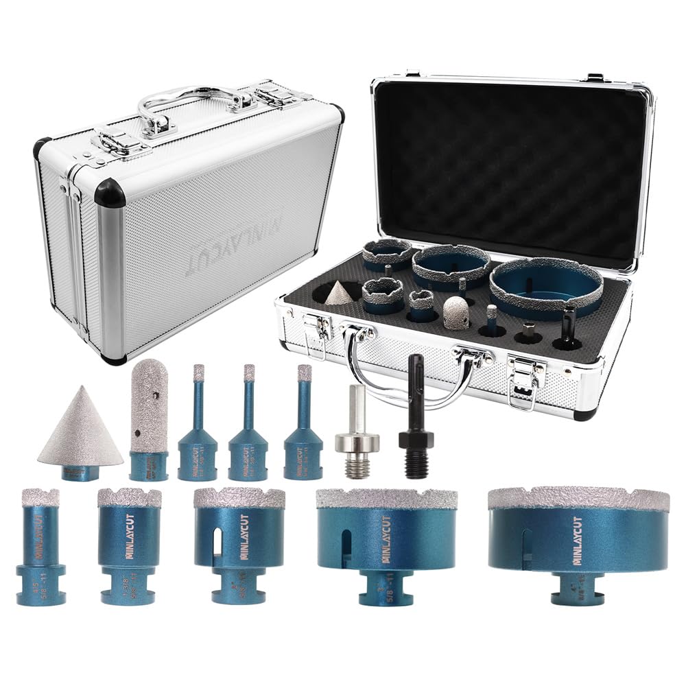 Tile Hole Saw Kit - 12pcs Diamond Core Drill Bits Set 1/4" 5/16" 4/5" 1-3/8" 2" 3" 4" with 4/5" Finger Bit 2" Beveling Chamfer Bit SDS/HEX Adapter for Porcelain Ceramic Granite Marble