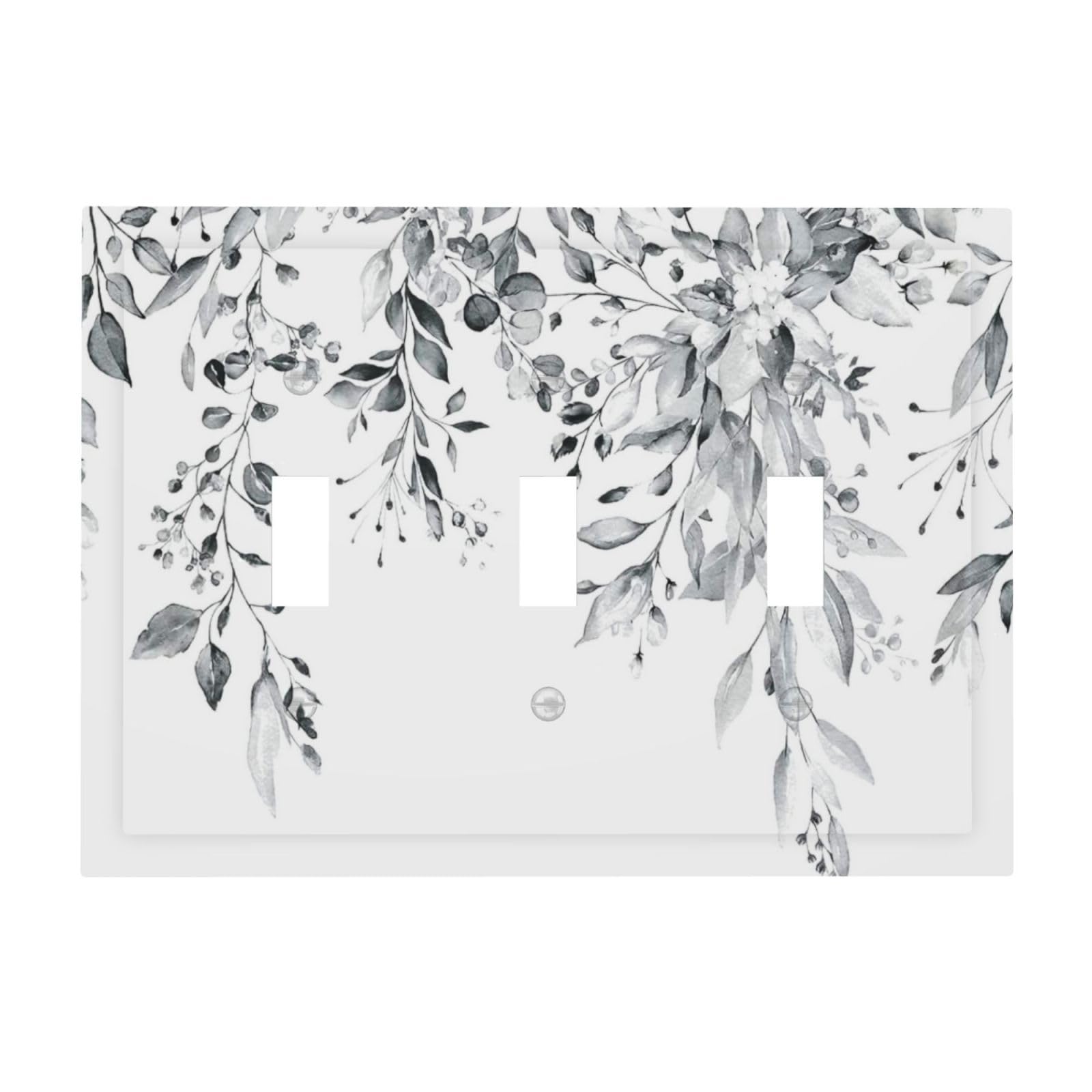 White/Grey Sage Eucalyptus Leaves 3 Gang Electrical Outlet Light Switch Cover Decorative Triple Toggle Wall Plate Electric Faceplate Switch Face Plate