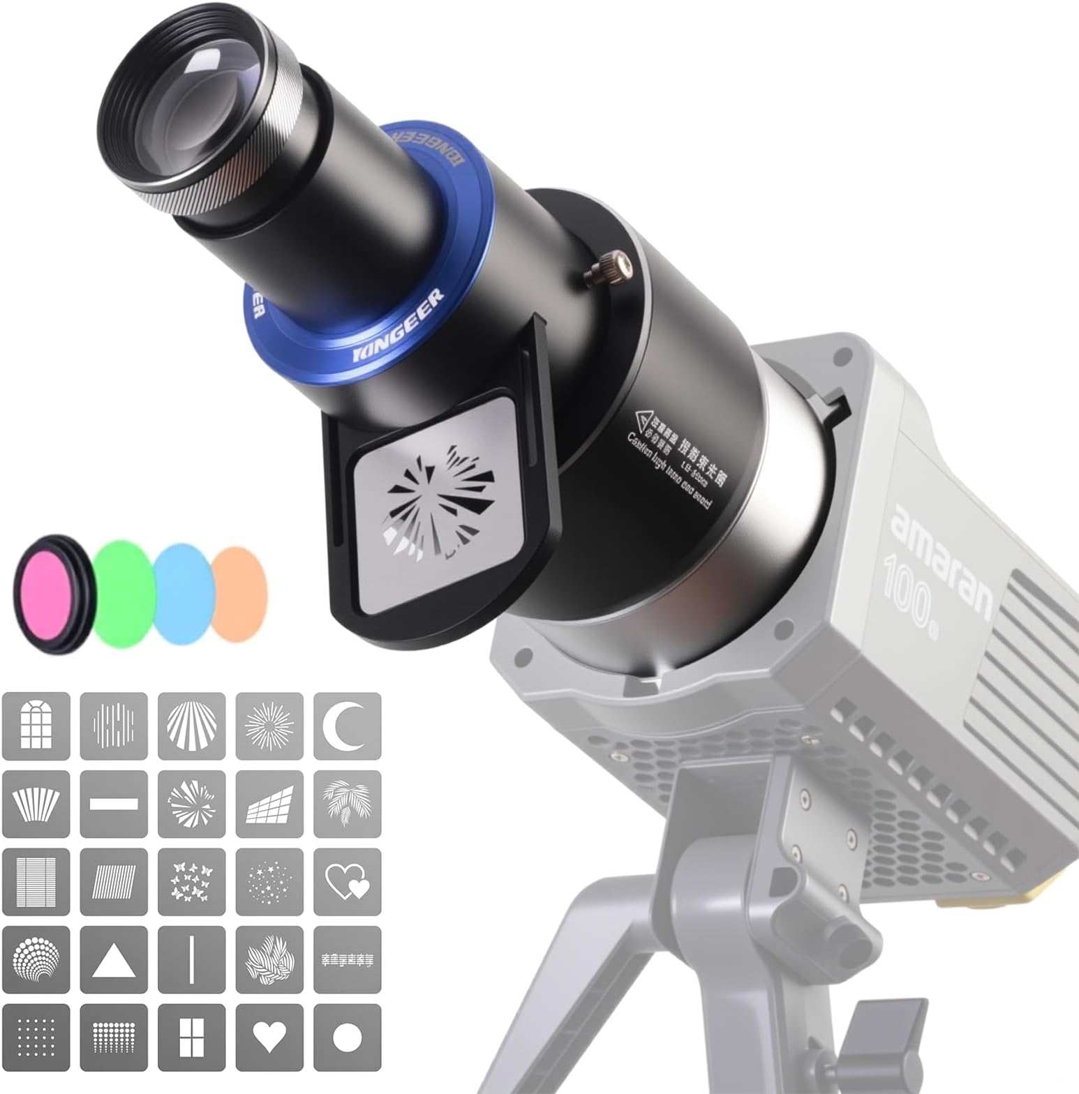 Bowens Mount Projector Attachment,Spotlight Conical Optical Snoot kit for Flash Speedlite/Monolight Portraits,Compatible with Aputure Amaran 60D/XS/100X/D 200D/X,Godox SL60,4 Color Filters,25 Gobos