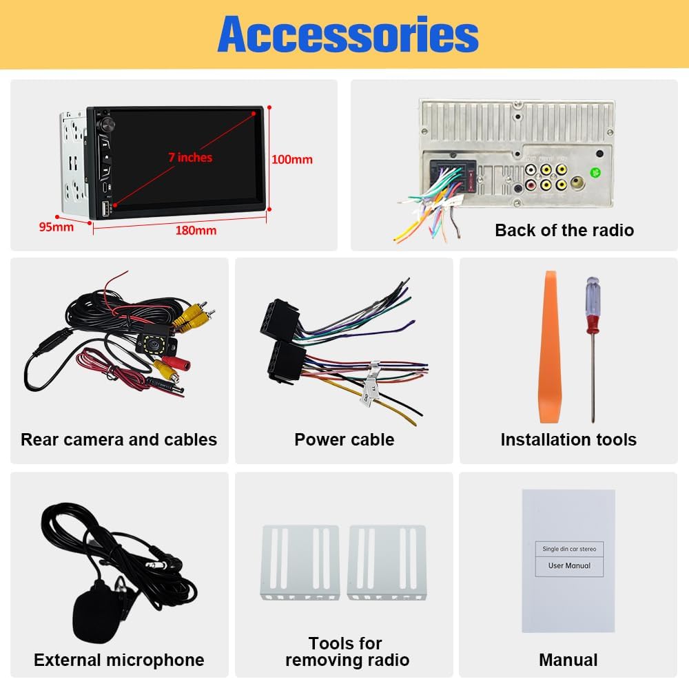 Universal Double Din Car Stereo with Wireless CarPlay & Android Auto, 7" HD Touch Screen Head Unit with Backup Camera/External Microphone, Car Radio Supports Bluetooth/SWC/FM/USB