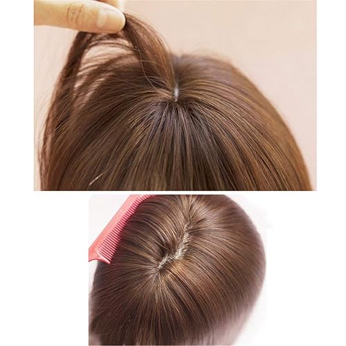 Miniatura 5 de Toppers de pelo sintético recto corto de 9.8 in con clip en la parte superior del pelo con flequillo para cabello fino, marrón oscuro grueso