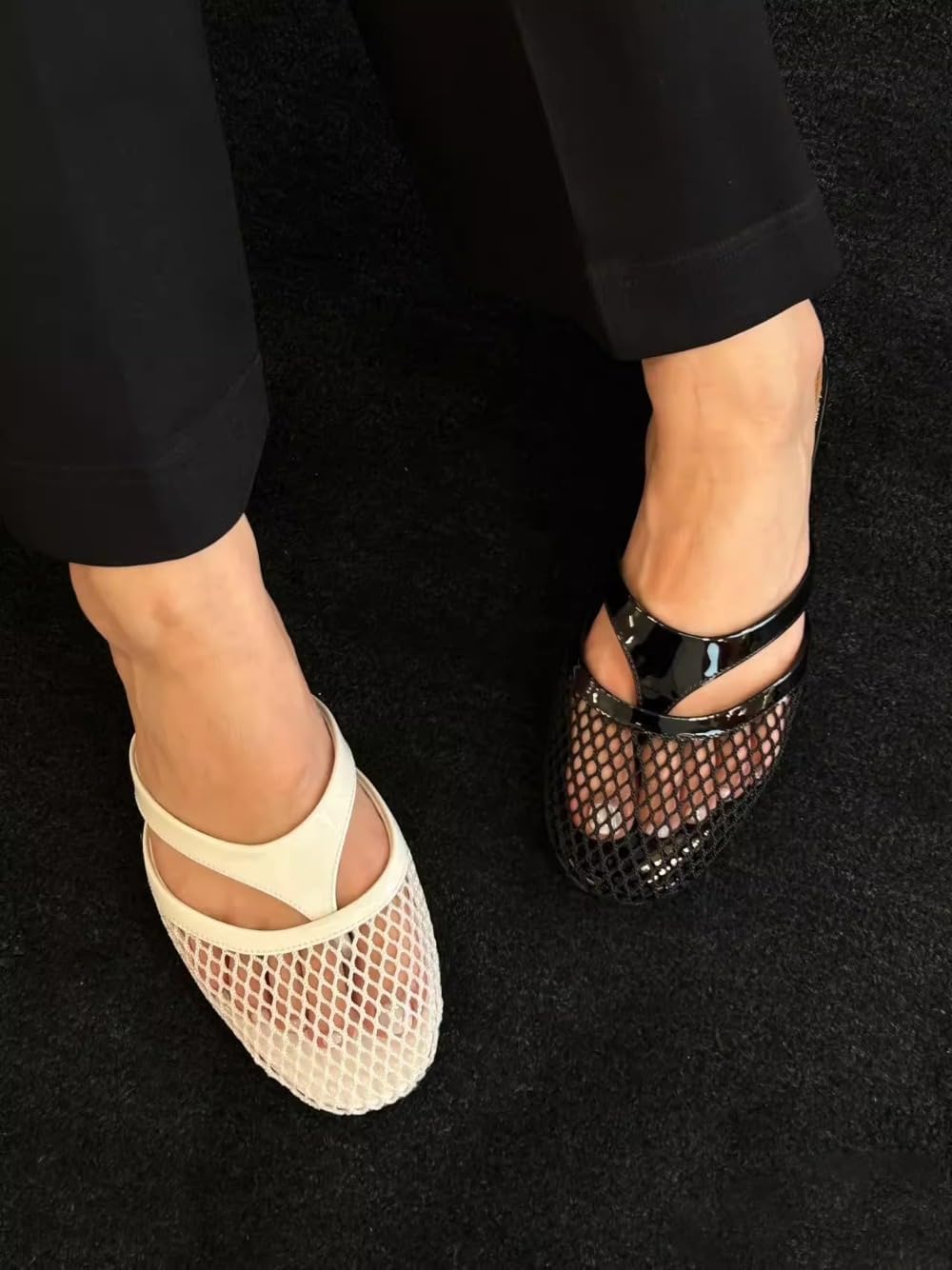Mesh Jelly Mules for Women Woven T-strap Mesh Ballet Flats Slip on House Slippers Backless Tennis Shoes Low Heel Lightweight Breathable Summer Slides Dressy Office Shoes Business Travel Driving