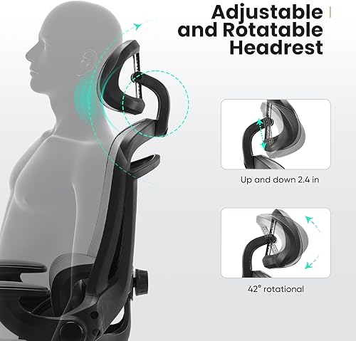 Miniatura 5 de Sweetcrispy Silla de oficina ergonómica, respaldo alto con reposacabezas 2D, soporte lumbar arriba y abajo, sillas de escritorio giratorias de malla