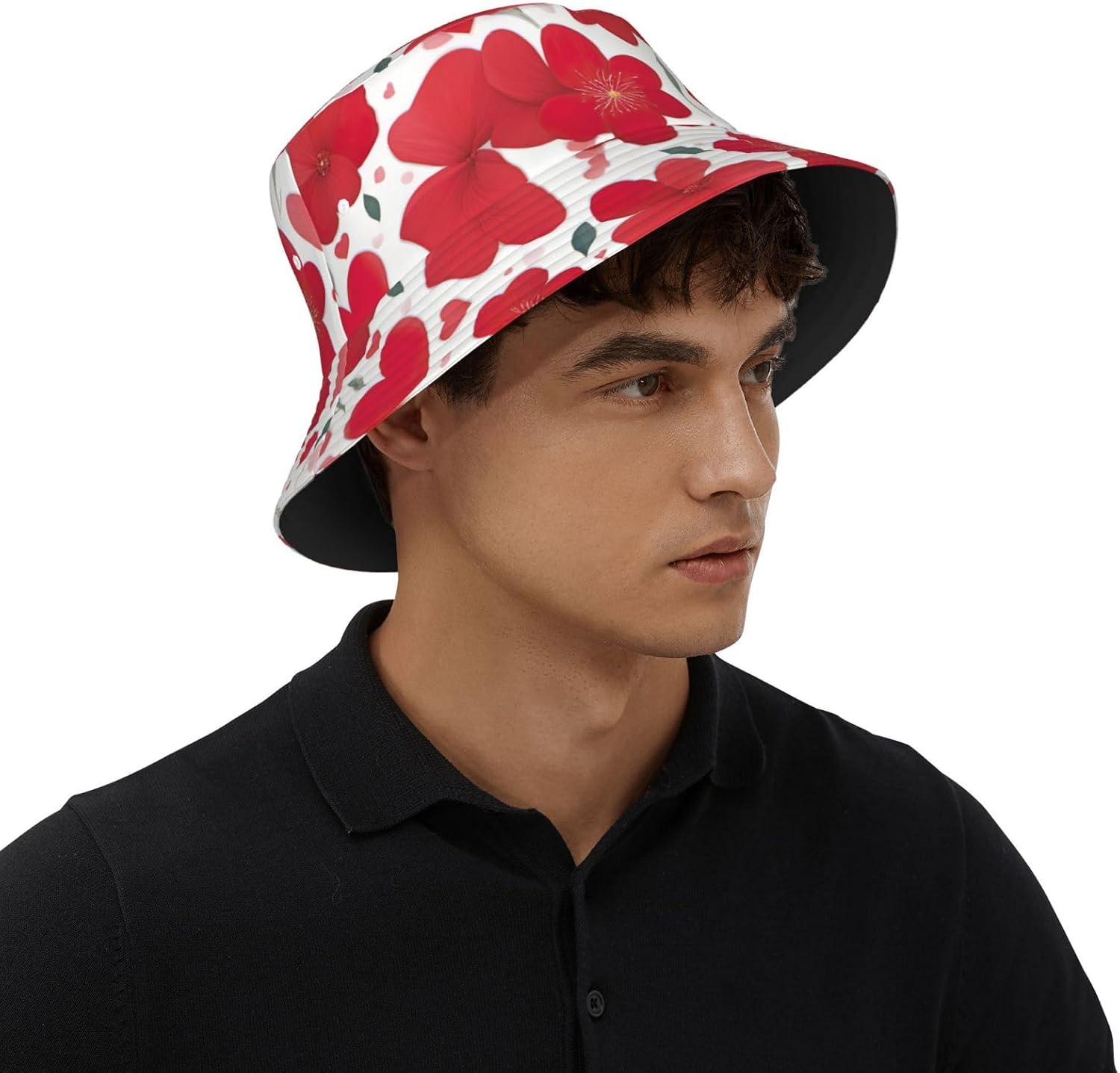 Valentine's Day Red Heart Flower Print Sun Hat Outdoor Fisherman Cap Summer Bucket Hat Beach for Men Women Black